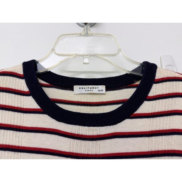 Equipment Brienne Stripe Knit Tee Sweater Top Red White Split Hem Ringer XS - Picture 4 of 15